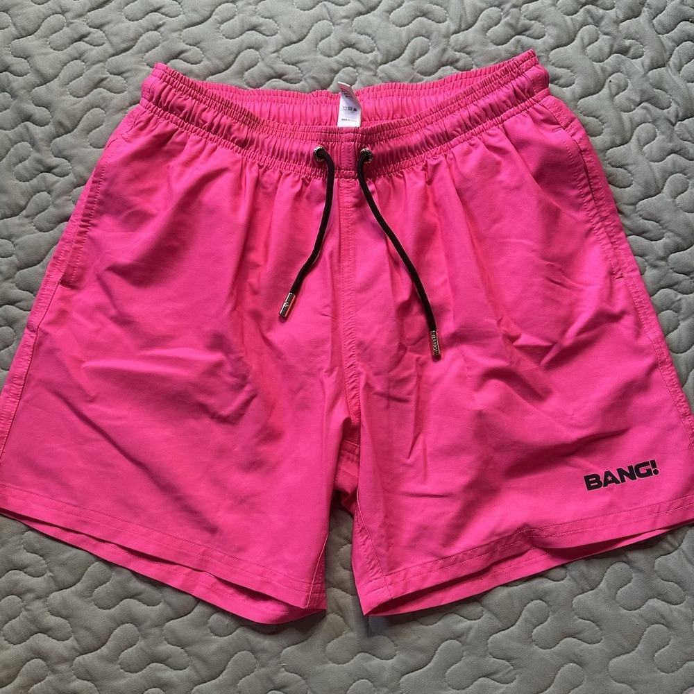 Bang Miami Swim Shorts Small Neon Pink Mens Logo Happy Face Drawstring Waist